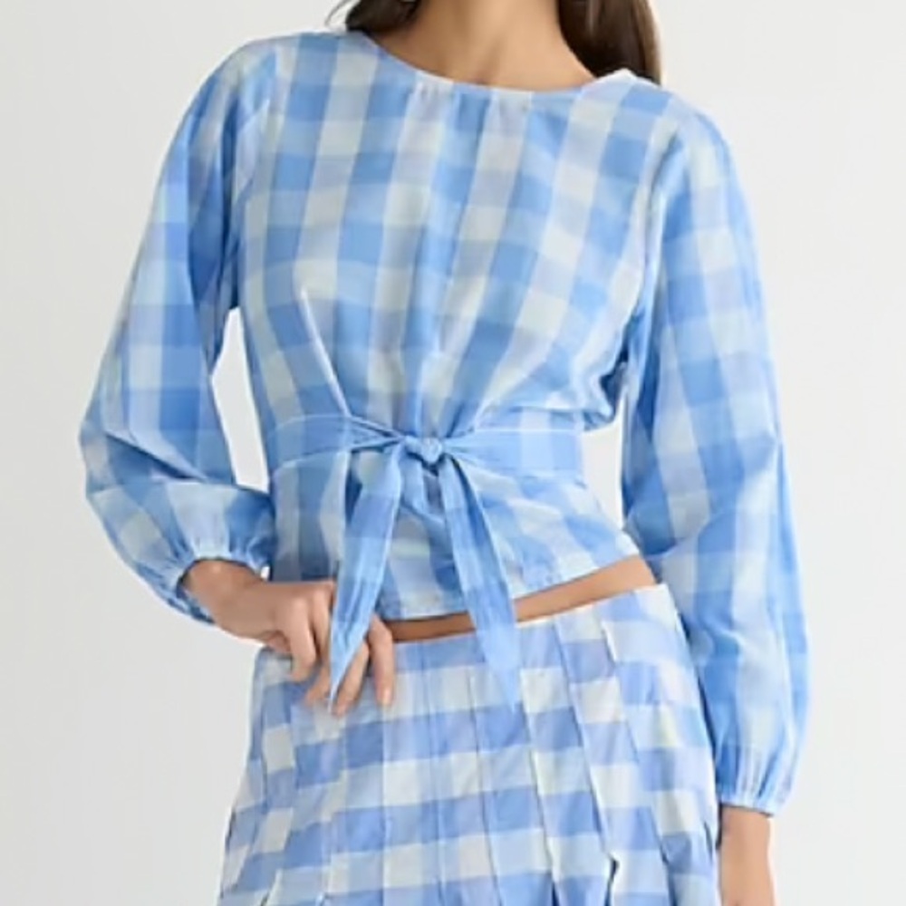 J Crew long sleeve Bow-front cropped top in Bristow gingham‎